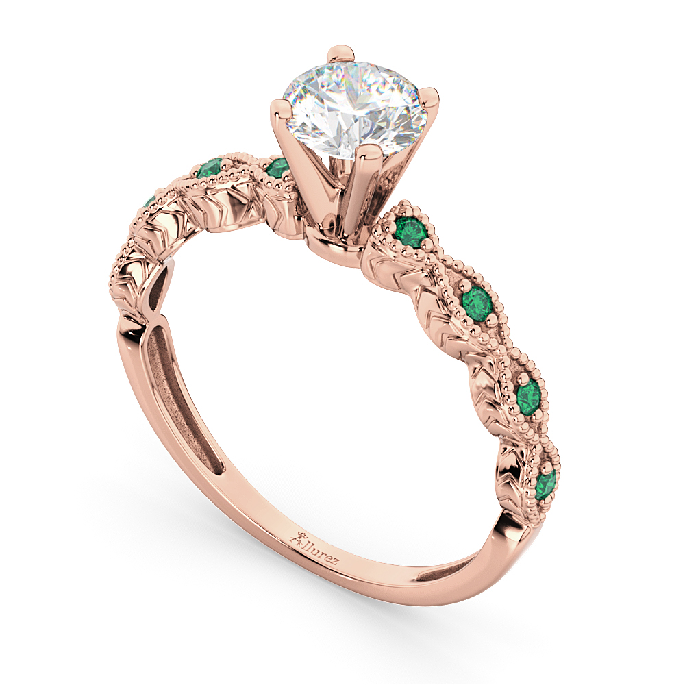 Vintage Diamond & Emerald Engagement Ring 18k Rose Gold 0.50ct