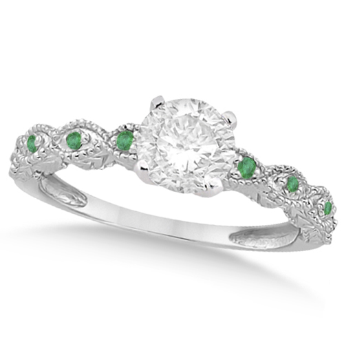 Vintage Lab Grown Diamond & Emerald Engagement Ring Palladium 1.50ct