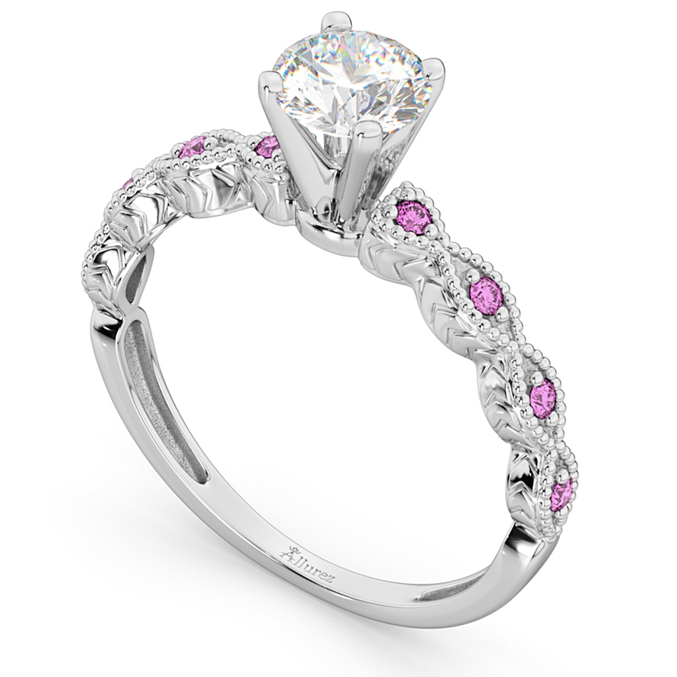 Vintage Lab Grown Diamond & Pink Sapphire Engagement Ring 14k White Gold 1.50ct