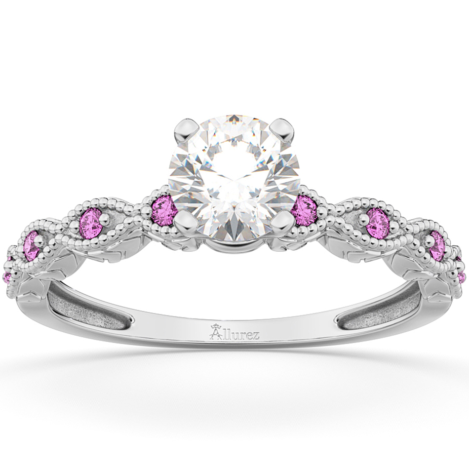 Vintage Lab Grown Diamond & Pink Sapphire Engagement Ring 18k White Gold 0.75ct