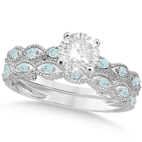 Vintage Diamond & Aquamarine Bridal Set Palladium 0.95ct