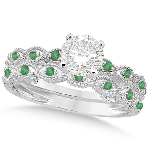 Vintage Lab Grown Diamond & Emerald Bridal Set Palladium 1.70ct