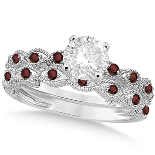 Vintage Diamond & Garnet Bridal Set Palladium 1.70ct