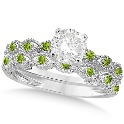Vintage Diamond & Peridot Bridal Set 14k White Gold 0.95ct