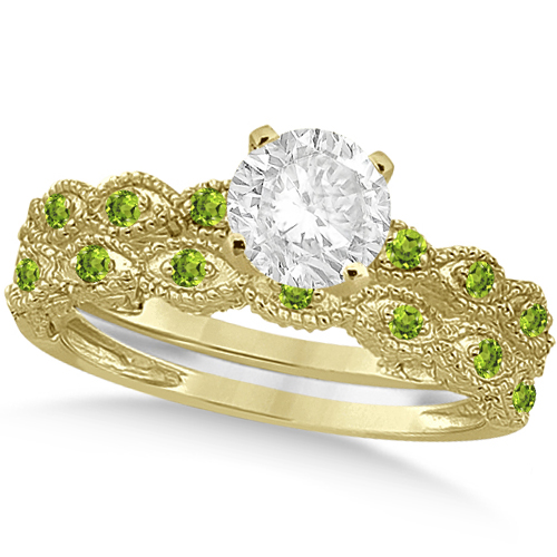 Vintage Lab Grown Diamond & Peridot Bridal Set 14k Yellow Gold 1.70ct