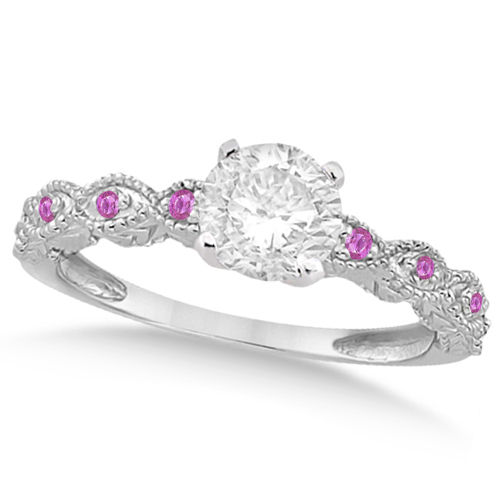 Vintage Lab Grown Diamond & Pink Sapphire Bridal Set 14k White Gold 1.70ct