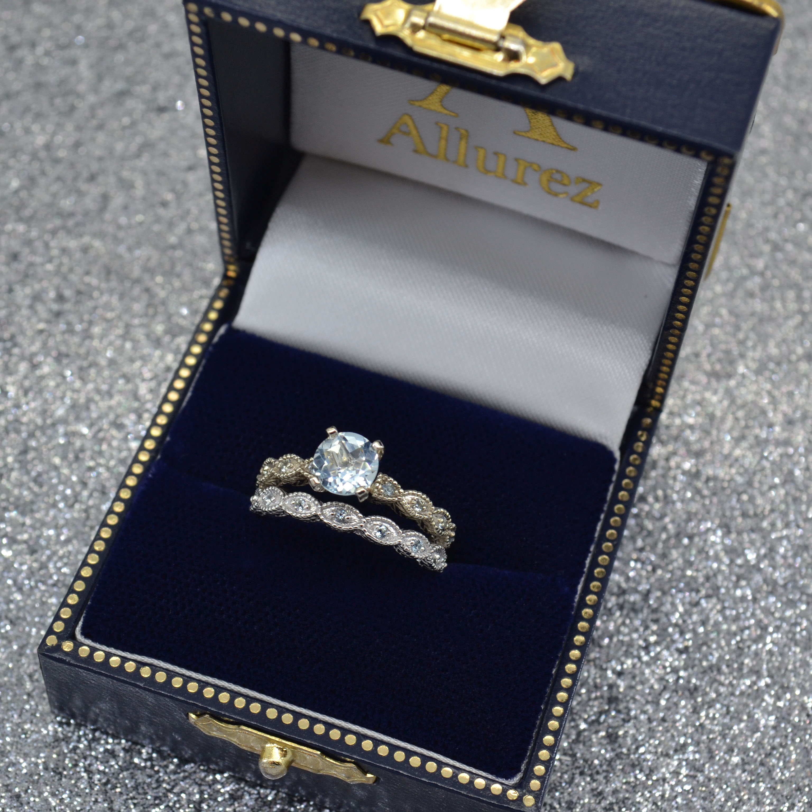 Vintage Aquamarine Engagement Ring Bridal Set 14k White Gold (1.36ct)