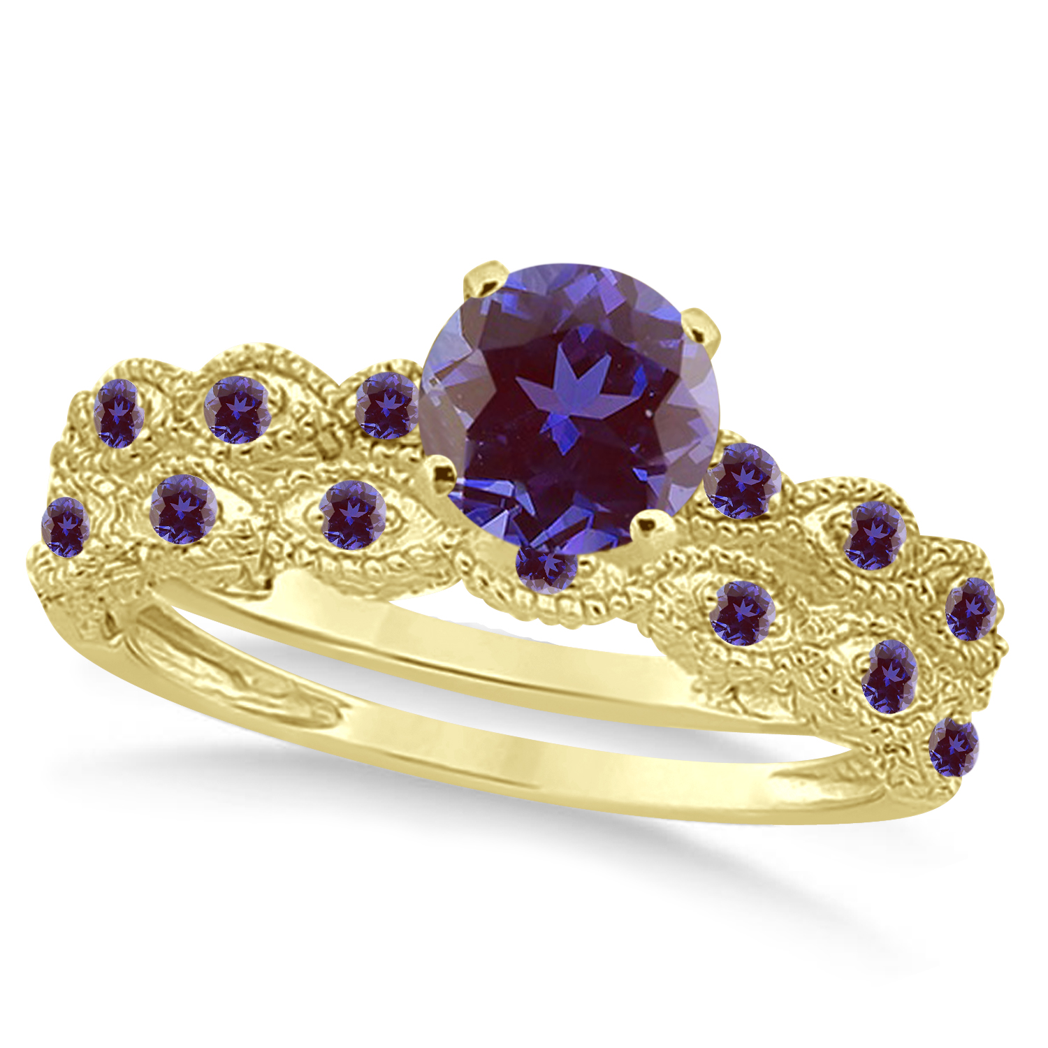 Vintage Alexandrite & Diamond Engagement Ring Bridal Set 18k Yellow