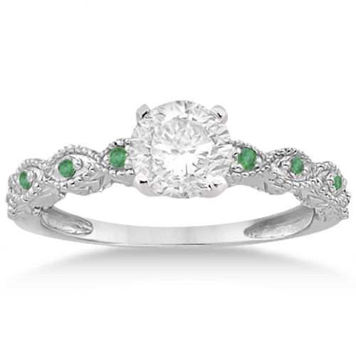 Antique Emerald Engagement Ring & Wedding Band 14k White Gold (0.36ct)
