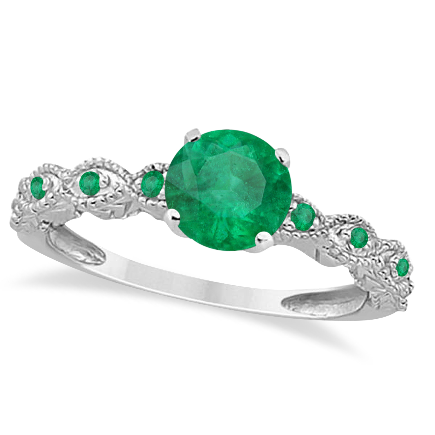 Vintage Emerald Engagement Ring Bridal Set 18k White Gold 1.36ct