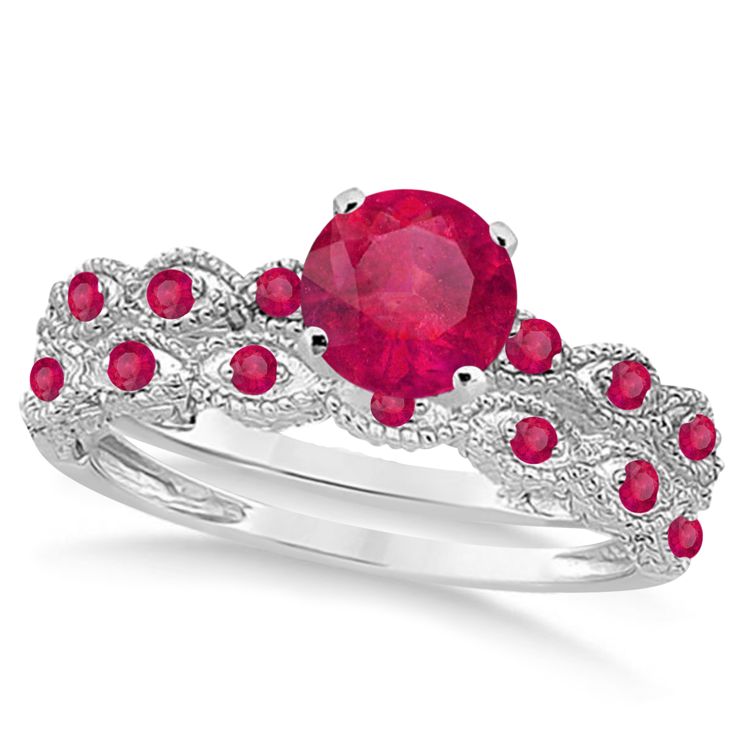 Vintage Style Ruby Engagement Ring Bridal Set Palladium 1.36ct