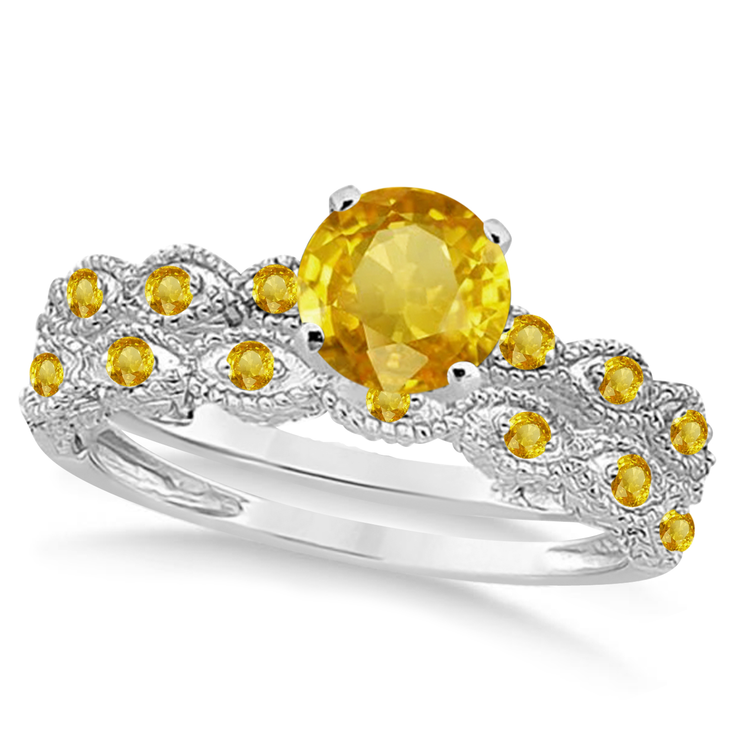 Vintage Yellow Sapphire Engagement Ring Bridal Set 14k W. Gold 1.36ct