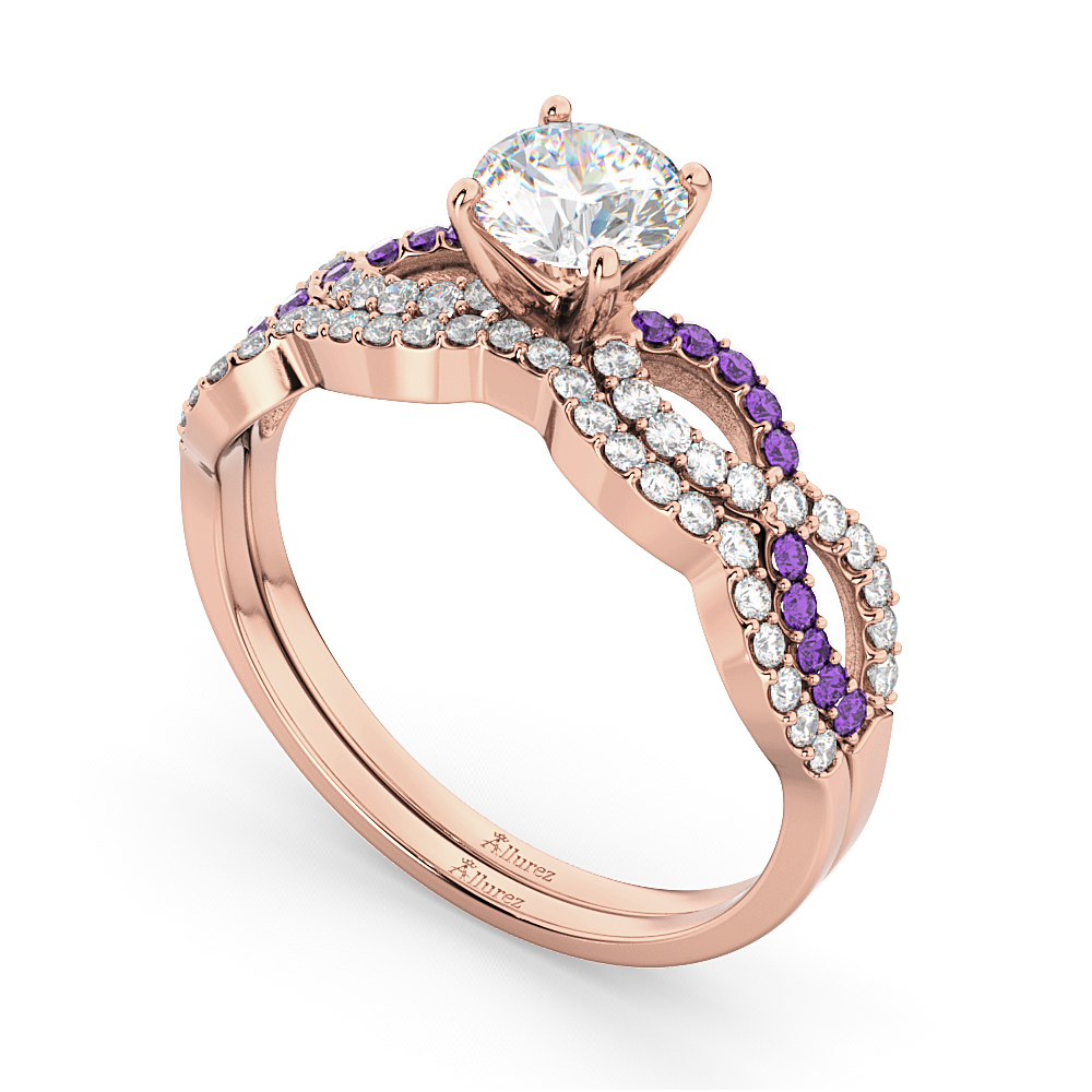 Infinity Diamond & Amethyst Engagement Ring Set 14k Rose Gold 0.34ct