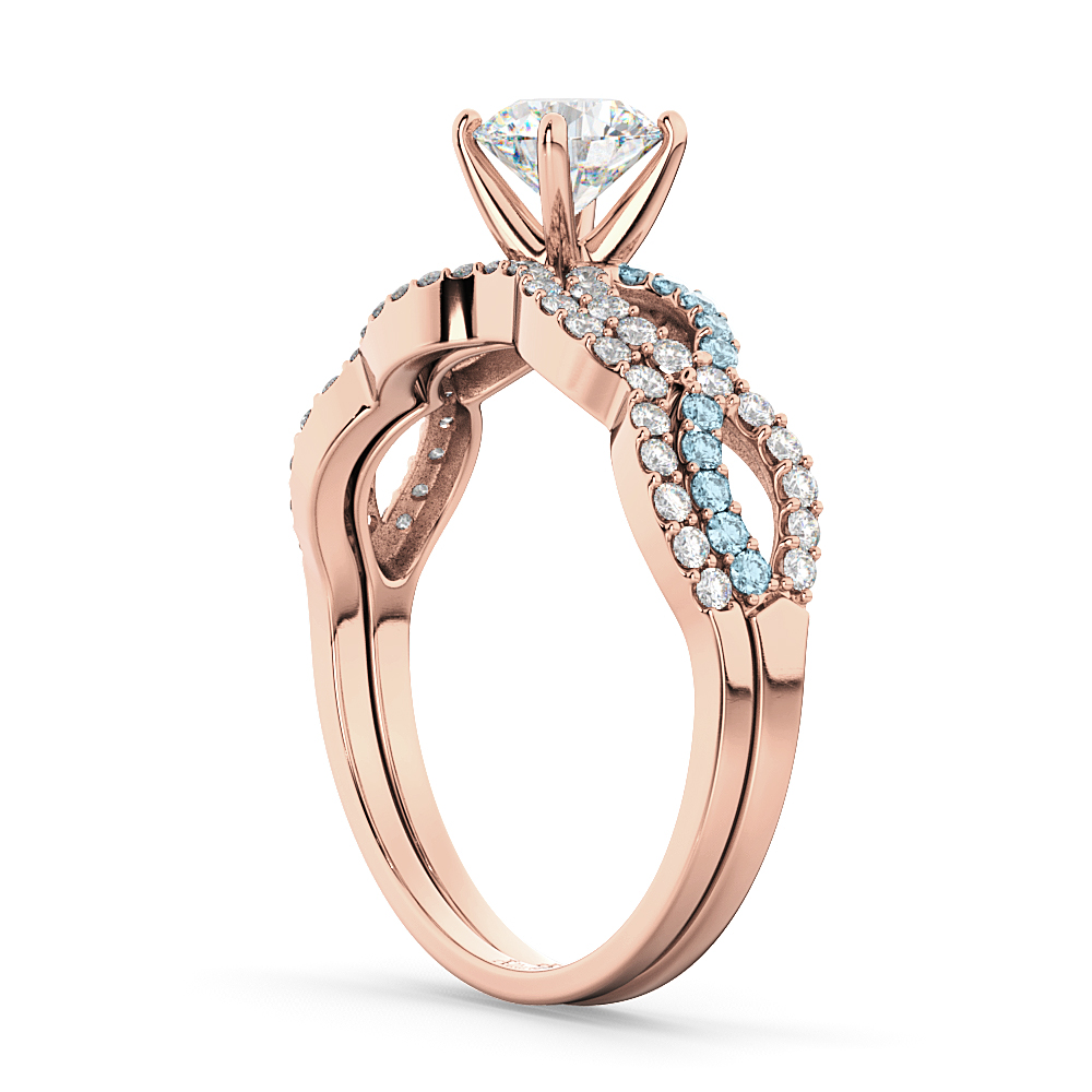 Infinity Diamond & Aquamarine Engagement Ring Set 14k Rose Gold 0.34ct