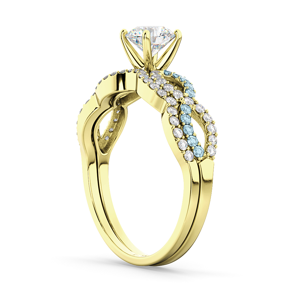 Infinity Diamond & Aquamarine Engagement Ring Set 18k Yellow Gold 0.34ct