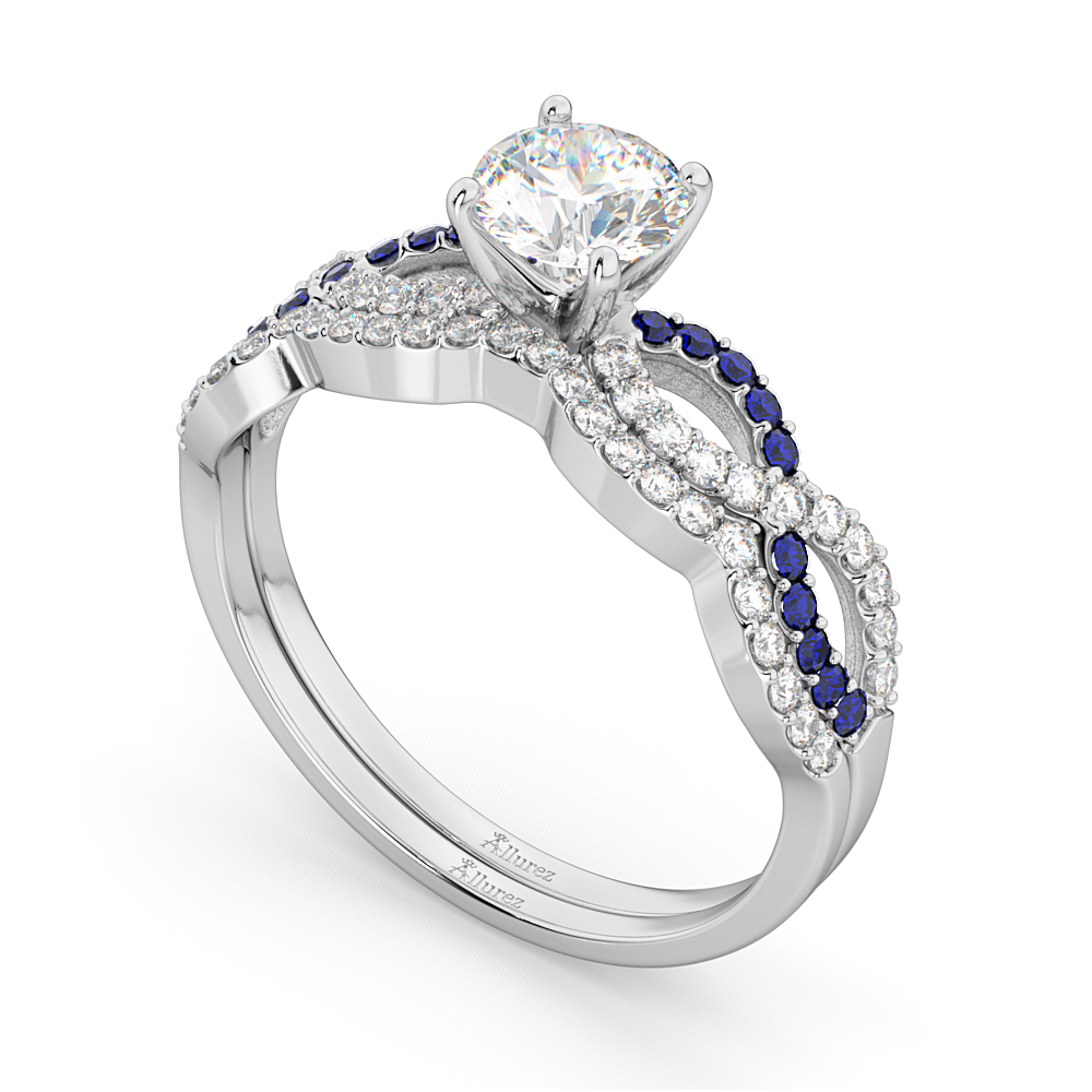 Infinity Diamond & Blue Sapphire Bridal Set 14K White Gold 0.34ct