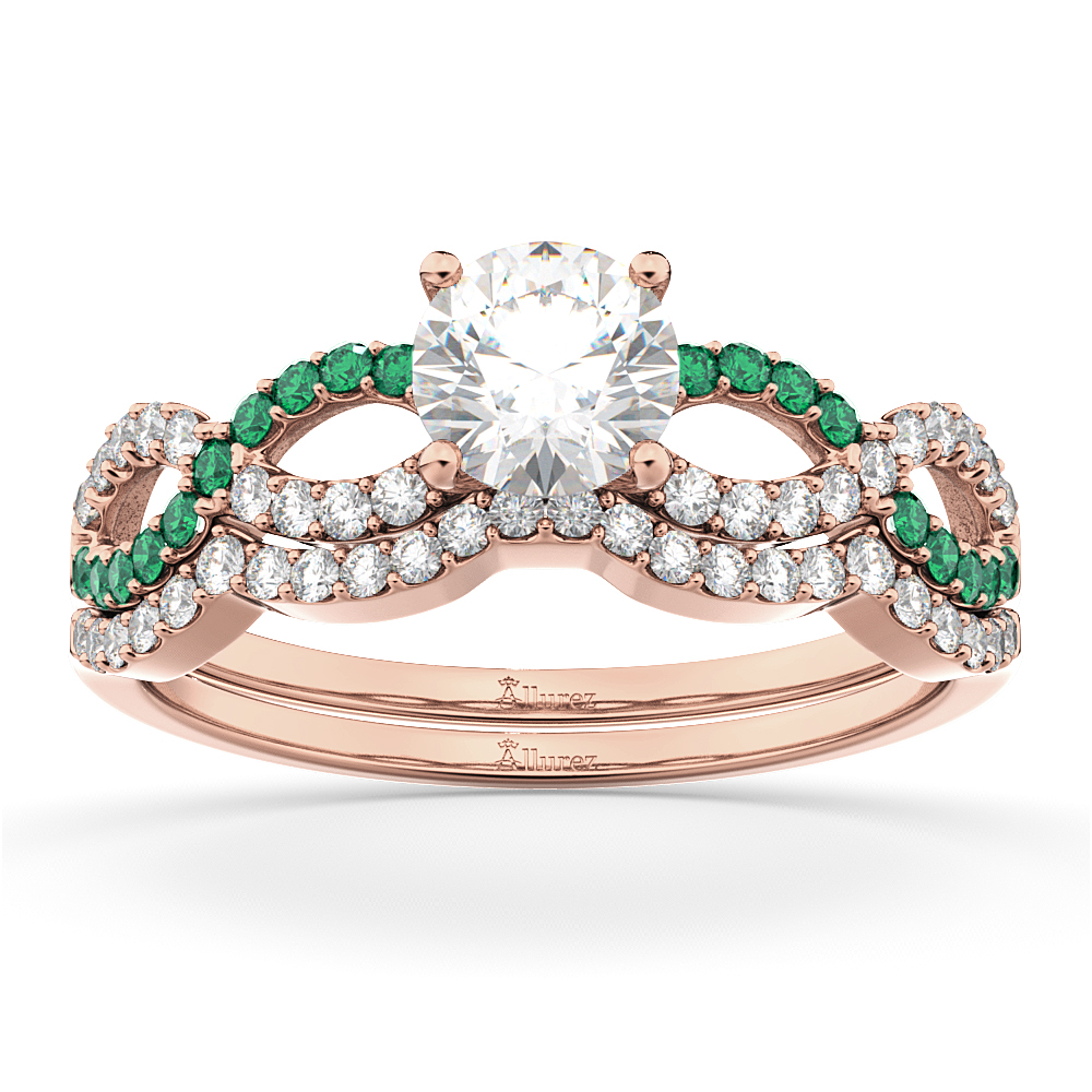 Infinity Diamond & Emerald Engagement Ring Set 14k Rose Gold 0.34ct