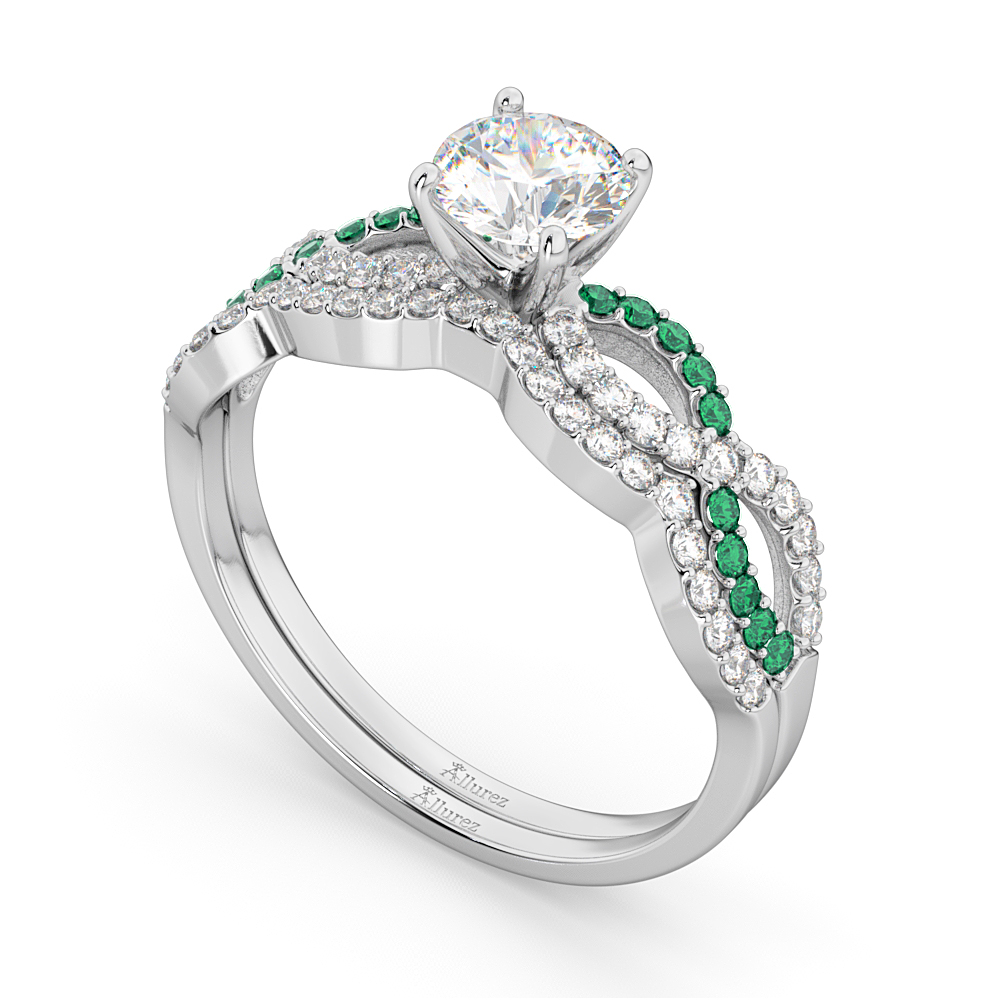 Infinity Diamond & Emerald Engagement Ring Set 18k White Gold 0.34ct