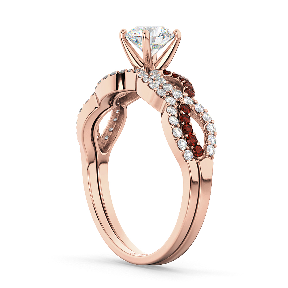Infinity Diamond & Garnet Engagement Ring Set 14k Rose Gold 0.34ct