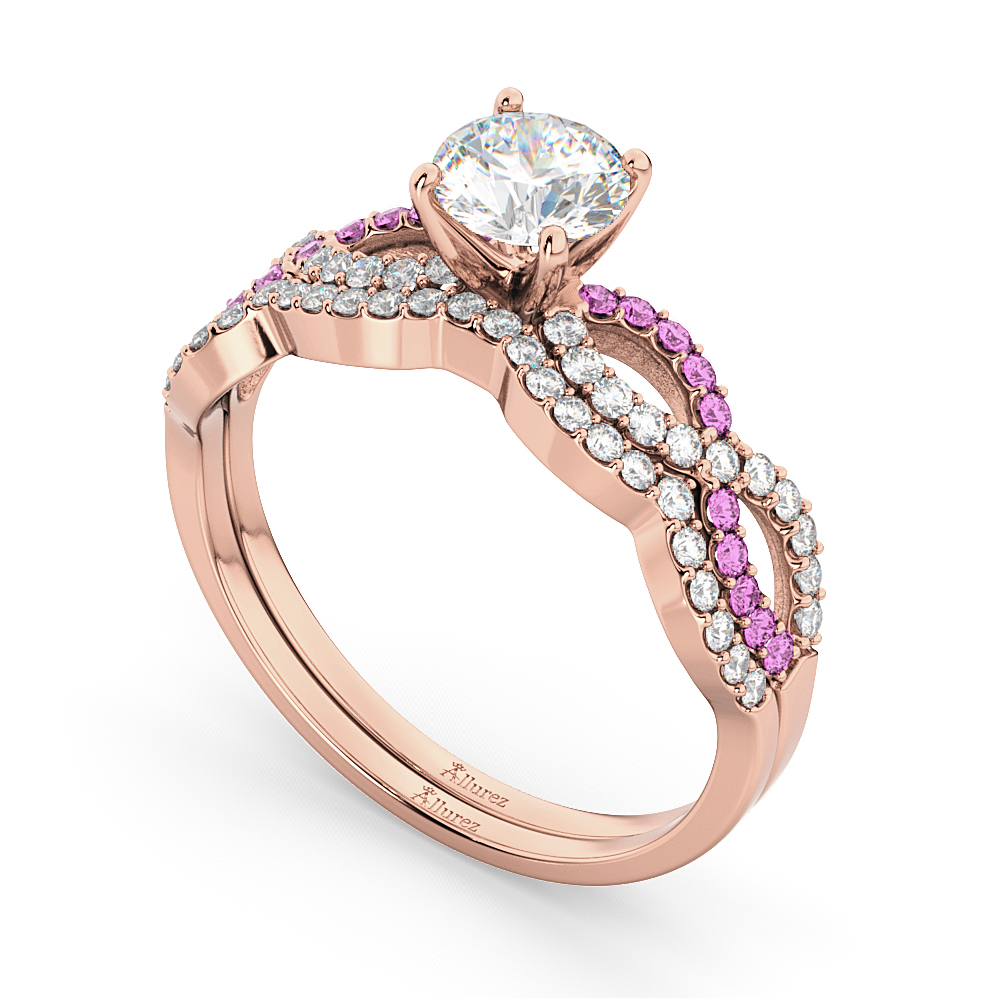 Infinity Diamond & Pink Sapphire Bridal Set 14k Rose Gold 0.34ct