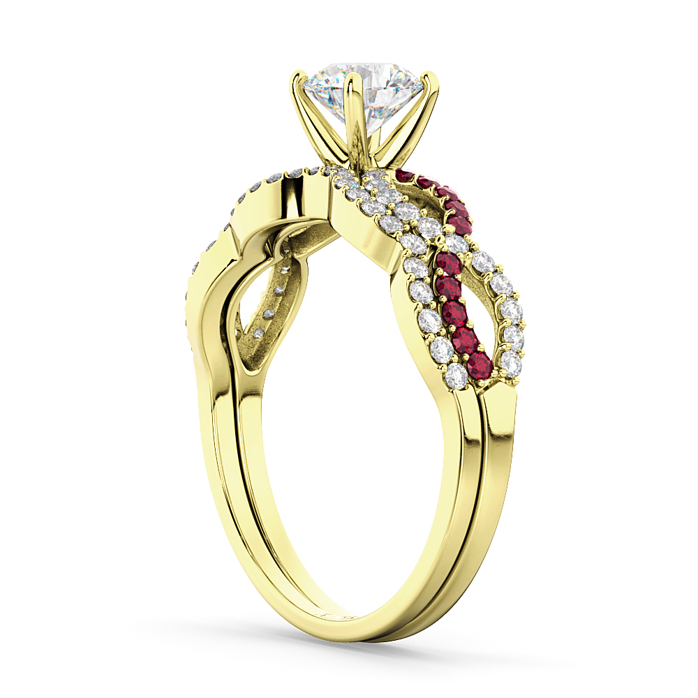 Infinity Diamond & Ruby Engagement Ring Set 14K Yellow Gold 0.34ct