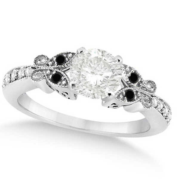 Round Black & White Diamond Butterfly Engagement Ring 14k W Gold 0.75ct