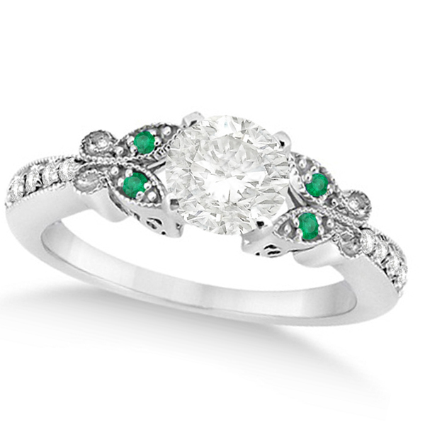 Round Diamond & Emerald Butterfly Engagement Ring in 14k W Gold 0.75ct