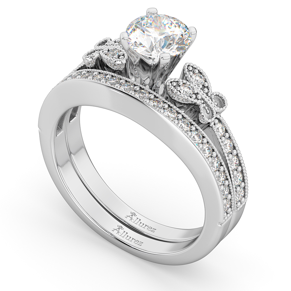 Butterfly Engagement Ring & Wedding Band Bridal Set 14k White Gold (0.42ct)