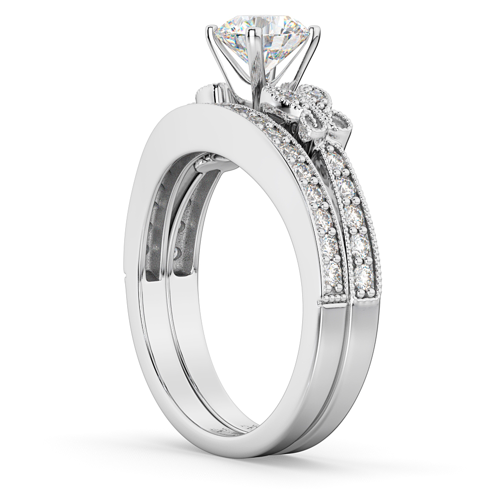 Butterfly Engagement Ring & Wedding Band Bridal Set 18k White Gold (0.42ct)