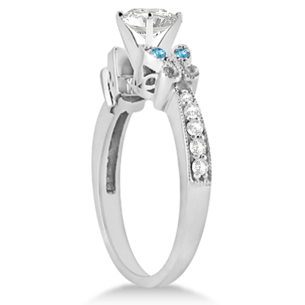 Heart Diamond & Blue Topaz Butterfly Bridal Set in 14k W Gold (0.96ct)