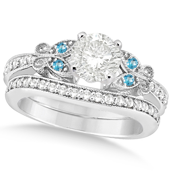 Round Diamond & Blue Topaz Butterfly Bridal Set in 14k W Gold (0.96ct)