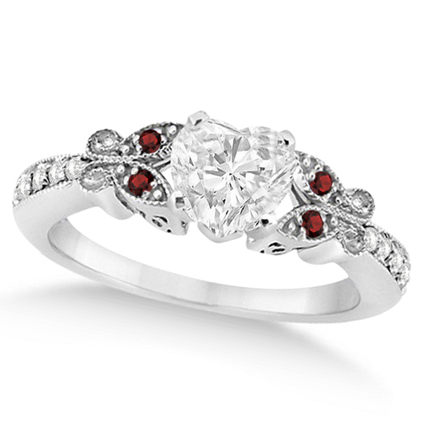 Heart Diamond & Garnet Butterfly Bridal Set in 14k W Gold (1.71ct)