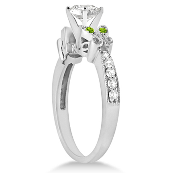 Round Diamond & Peridot Butterfly Bridal Set in 14k White Gold 1.71ct