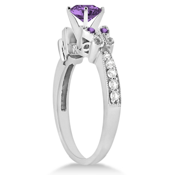 Butterfly Amethyst & Diamond Heart Bridal Set 14k White Gold 1.95ct