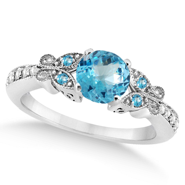 Butterfly Blue Topaz & Diamond Bridal Set 14k White Gold 1.10ct