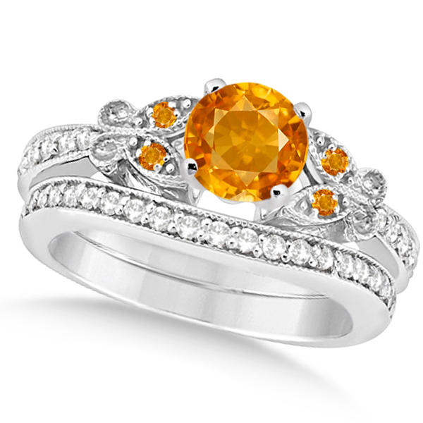 Butterfly Genuine Citrine & Diamond Bridal Set 18k White Gold (1.10ct)