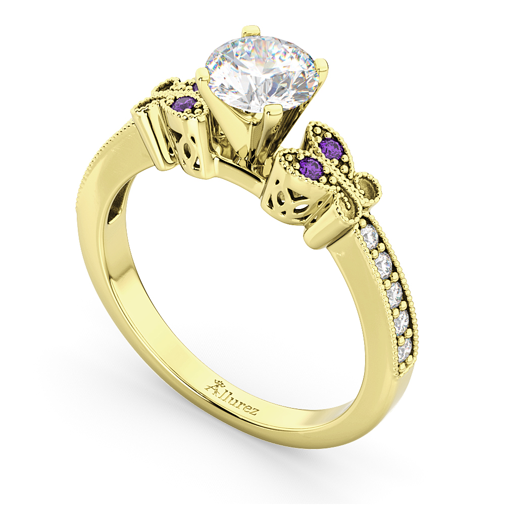 Butterfly Diamond & Amethyst Engagement Ring 14k Yellow Gold (0.20ct)