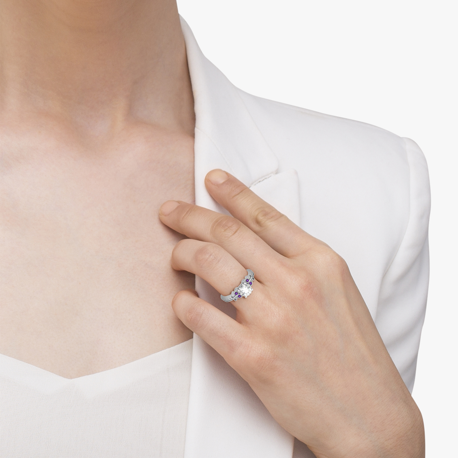 Butterfly Diamond & Amethyst Engagement Ring 18k White Gold (0.20ct)