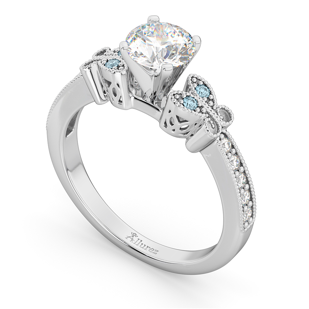 Butterfly Diamond & Aquamarine Engagement Ring 18k White Gold (0.20ct)