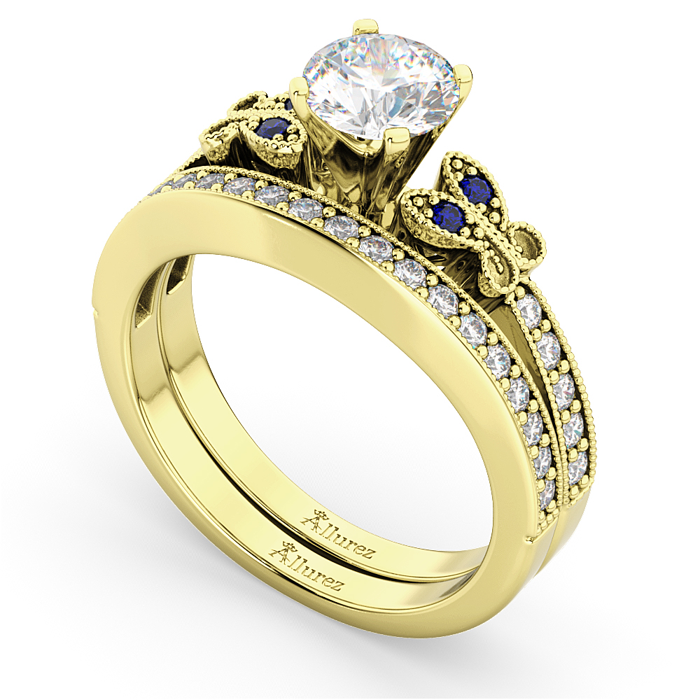 Butterfly Diamond & Blue Sapphire Bridal Set 14k Yellow Gold (0.42ct)
