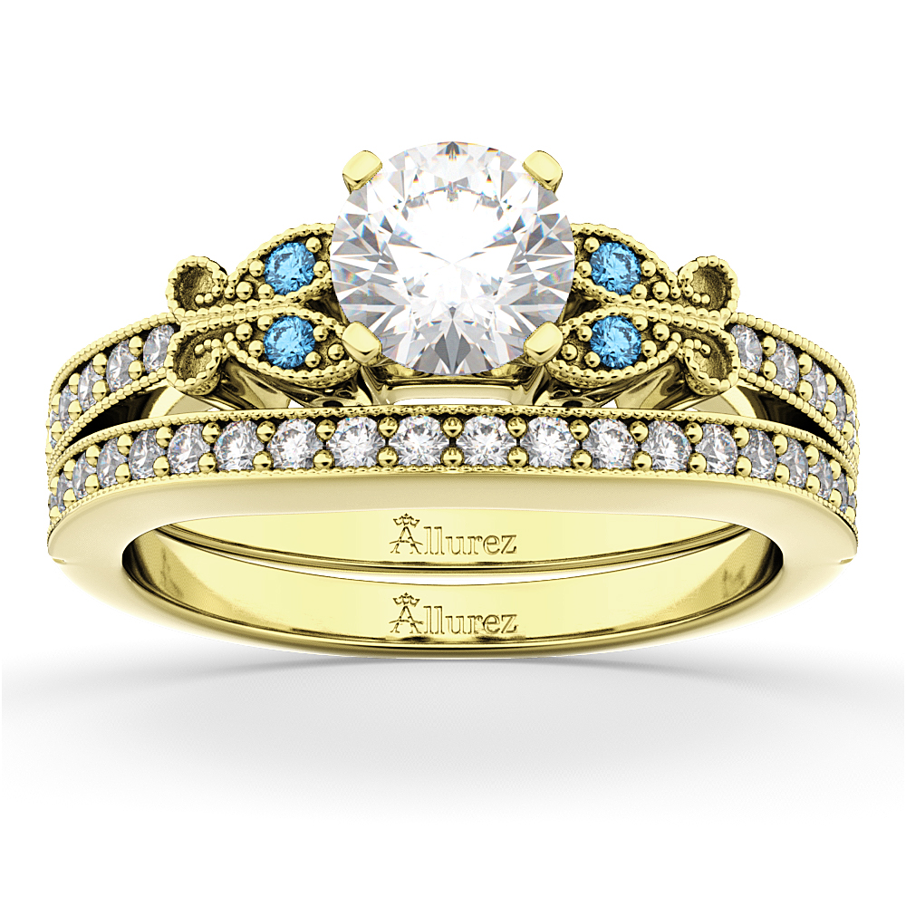 Butterfly Diamond &  Blue Topaz Bridal Set 14k Yellow Gold (0.42ct)