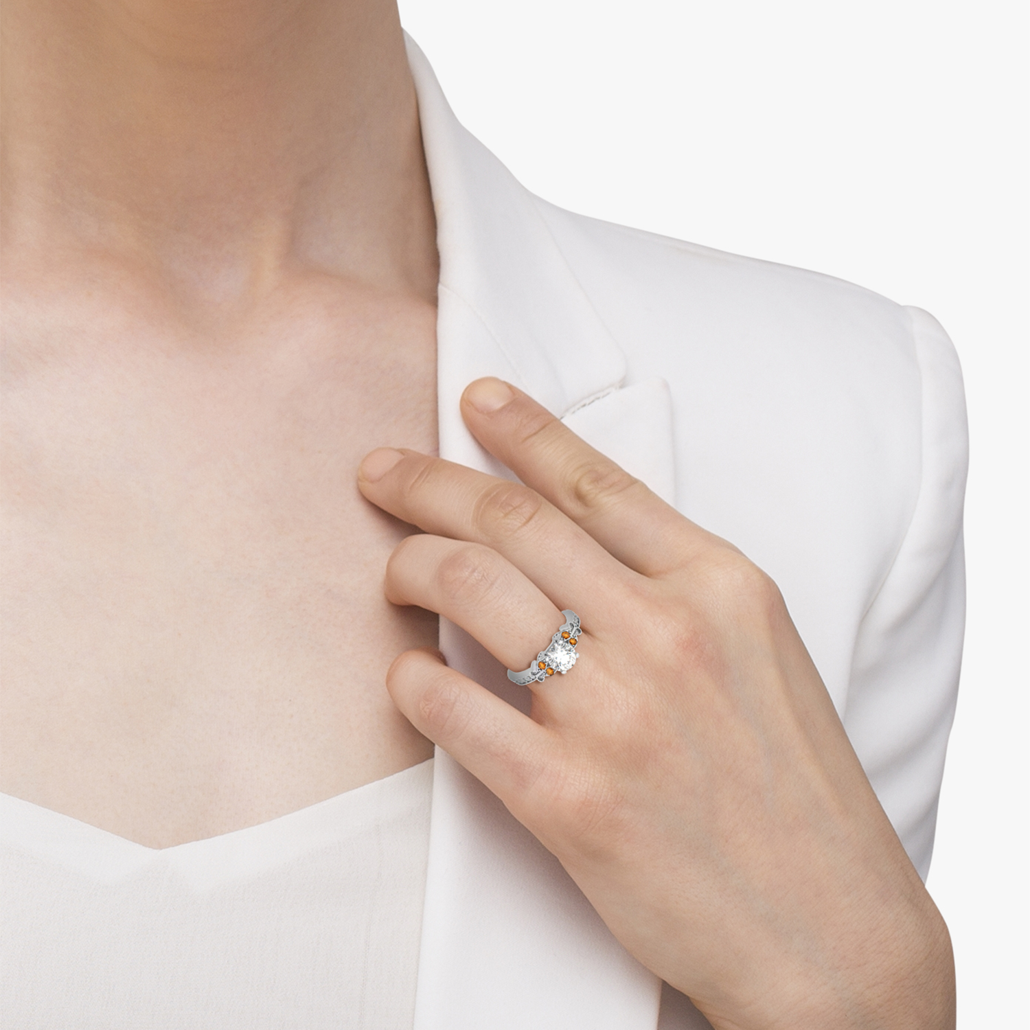 Butterfly Diamond & Citrine Engagement Ring 14k White Gold (0.20ct)