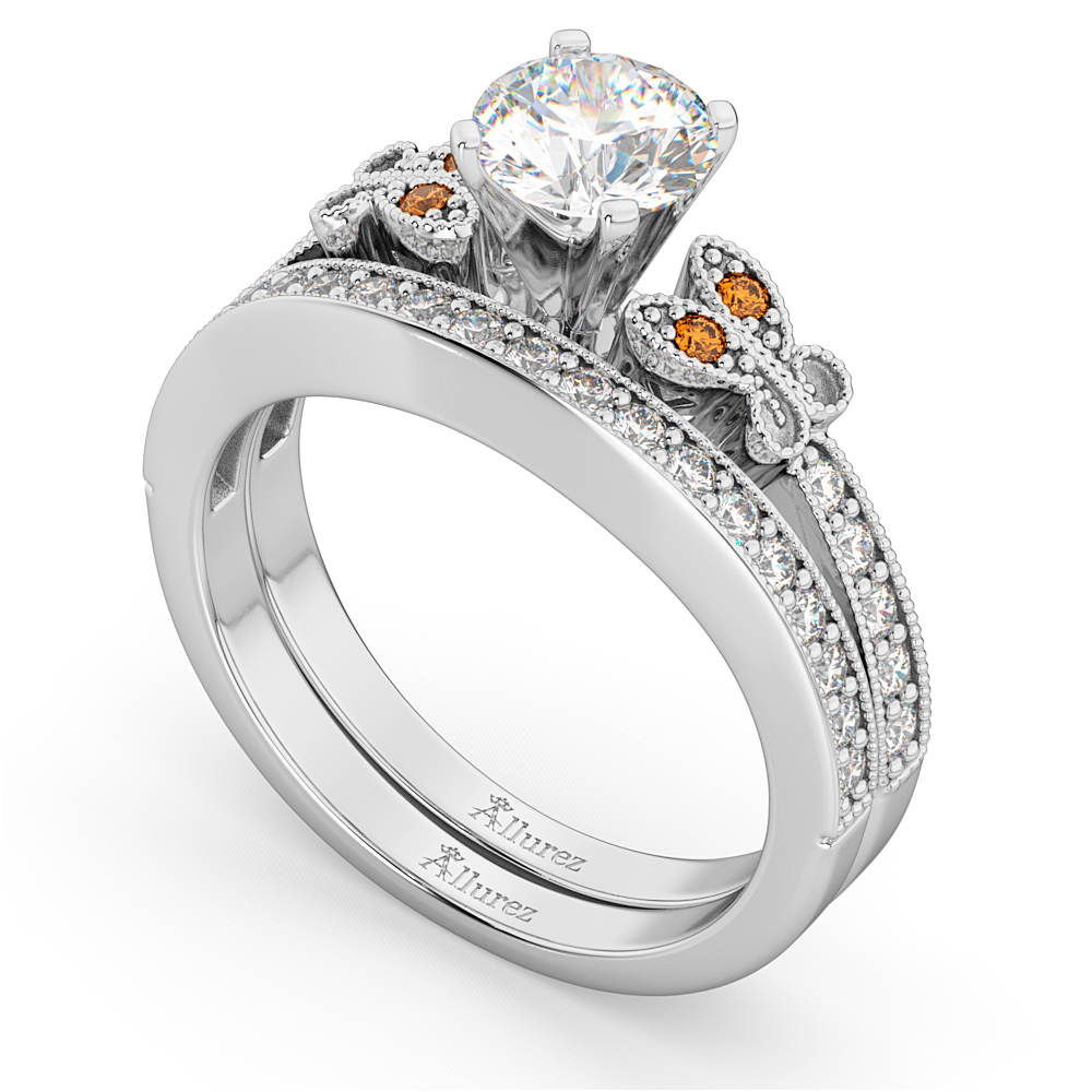 Butterfly Diamond & Citrine Bridal Set 14k White Gold (0.42ct)