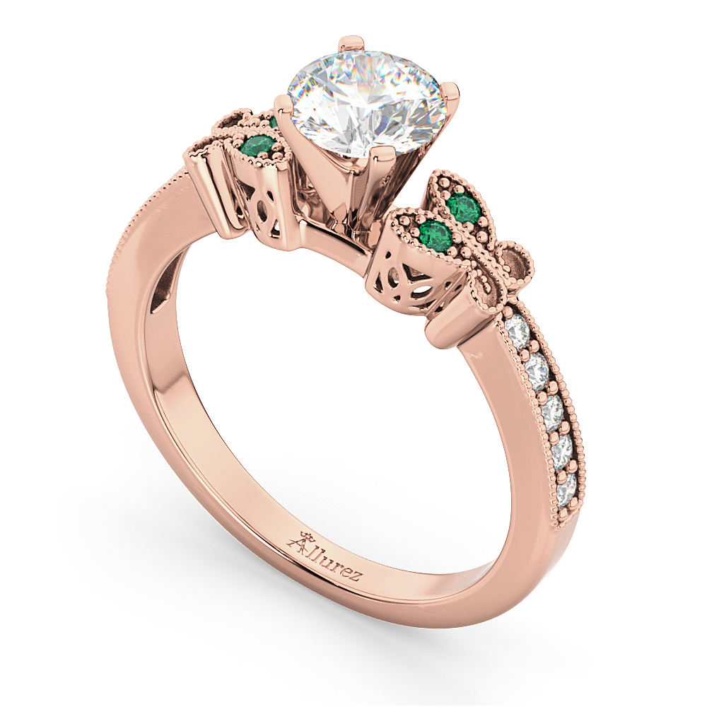 Butterfly Diamond & Emerald Engagement Ring 14k Rose Gold (0.20ct)