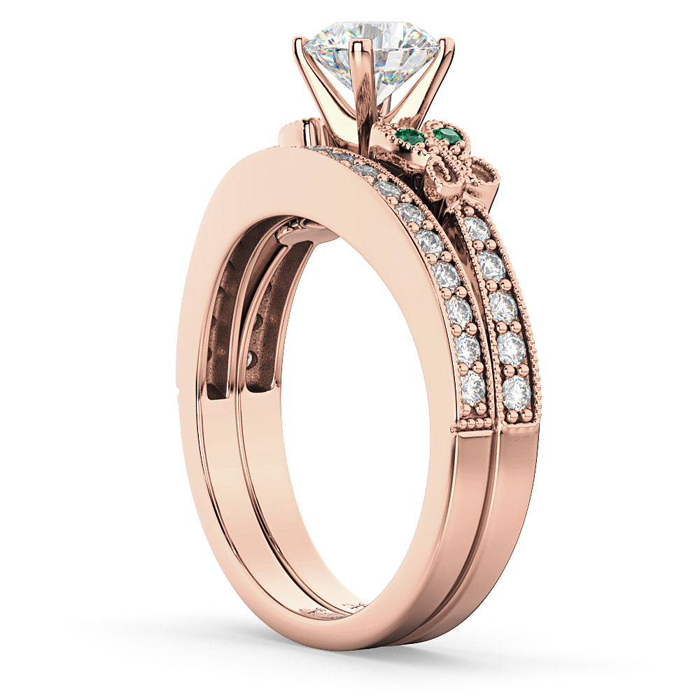 Butterfly Diamond & Emerald Bridal Set 14k Rose Gold (0.42ct)