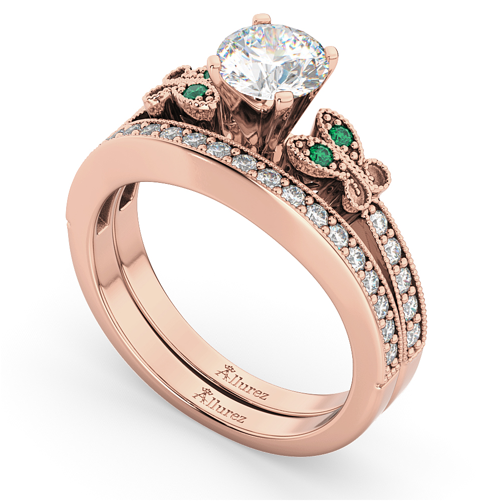 Butterfly Diamond & Emerald Bridal Set 14k Rose Gold (0.42ct)