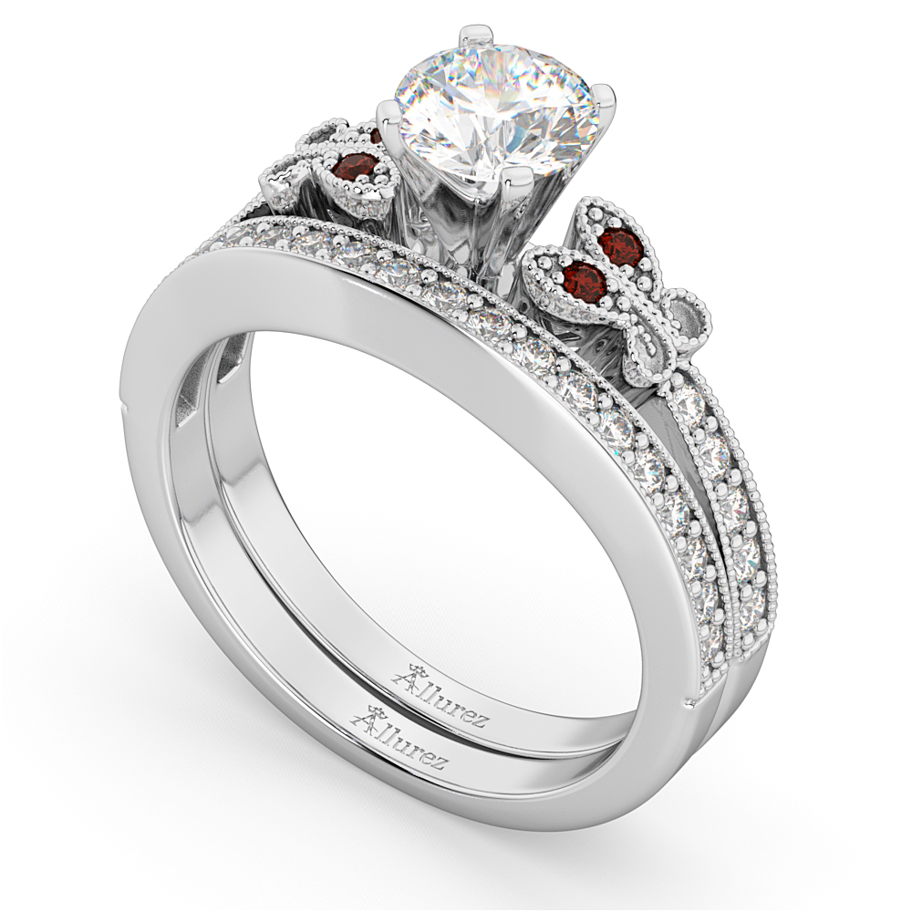 Butterfly Diamond & Garnet Bridal Set 14k White Gold (0.42ct)