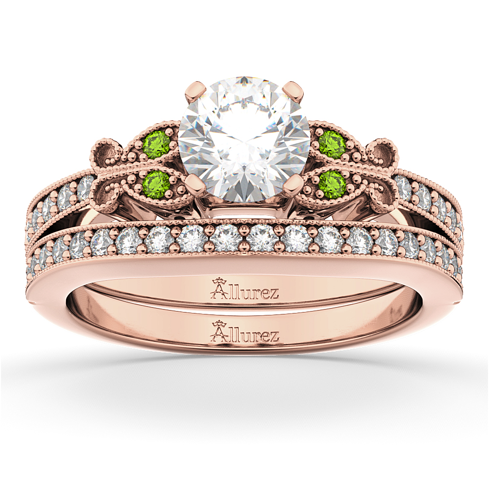 Butterfly Diamond & Peridot Bridal Set 14k Rose Gold (0.42ct)