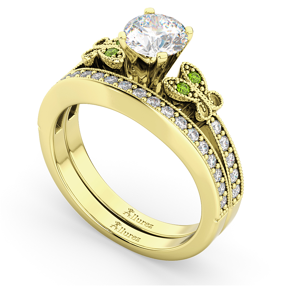 Butterfly Diamond & Peridot Bridal Set 14k Yellow Gold (0.42ct)