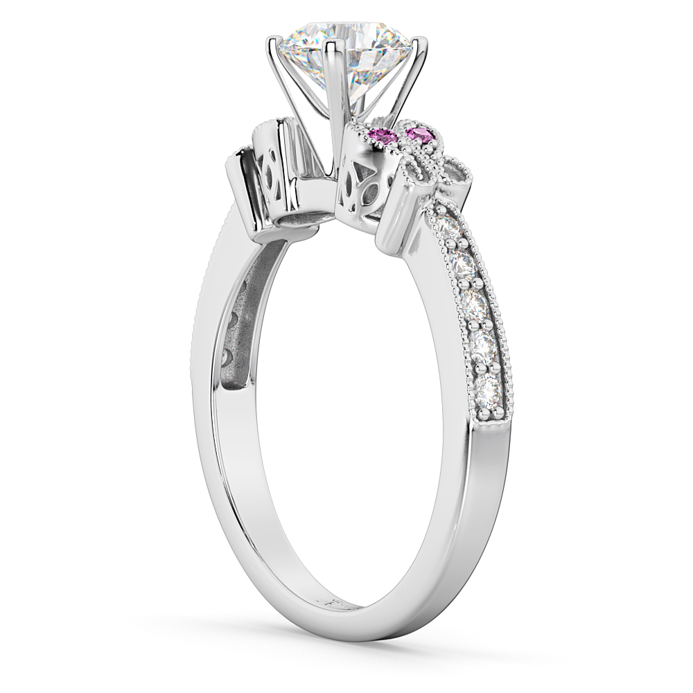 Butterfly Diamond & Pink Sapphire Engagement Ring 14k White Gold (0.20ct)